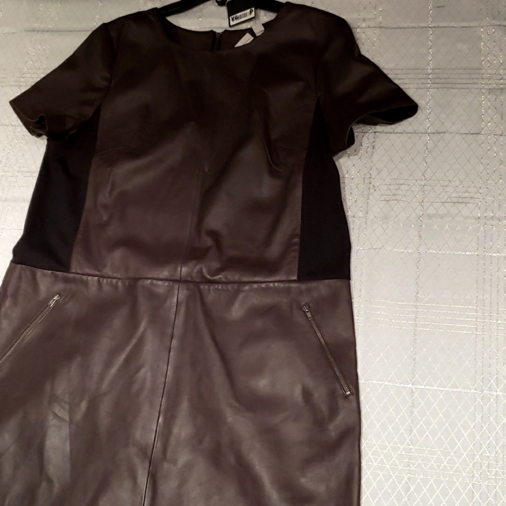 Halogen NORDSTROM New Leather & Ponte Knit Shift Dress ESPRESSO BLACK Womens XLP - Picture 9 of 16